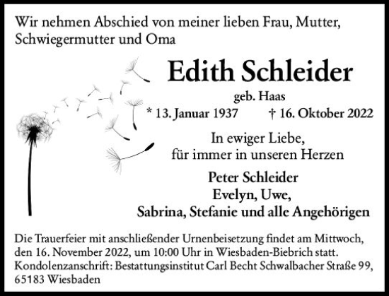 Traueranzeige von Edith Schleider von vrm-trauer Wiesbadener Kurier