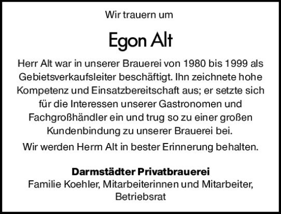 Traueranzeige von Egon Alt von vrm-trauer Darmstädter Echo