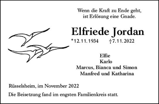 Traueranzeige von Elfriede Jordan von vrm-trauer Rüsselsheimer Echo / MainSpitze