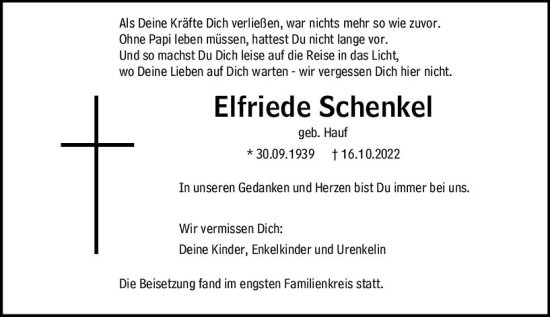 Traueranzeige von Elfriede Schenkel von vrm-trauer Rüsselsheimer Echo / MainSpitze