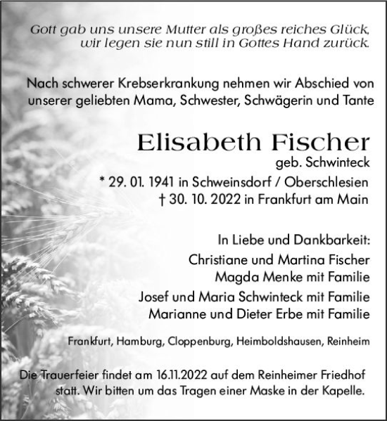 Traueranzeige von Elisabeth Fischer von vrm-trauer Darmstädter Echo