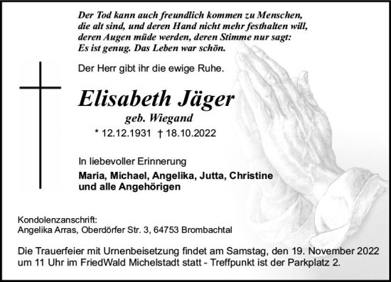 Traueranzeige von Elisabeth Jäger von vrm-trauer Odenwälder Echo