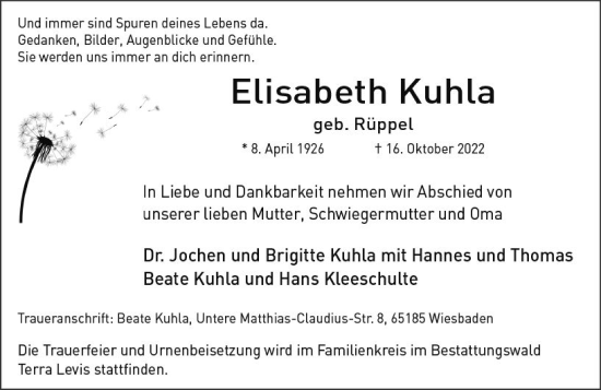 Traueranzeige von Elisabeth Kuhla von vrm-trauer Wiesbadener Kurier