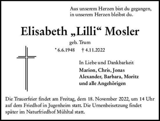 Traueranzeige von Elisabeth  Mosler von vrm-trauer Darmstädter Echo