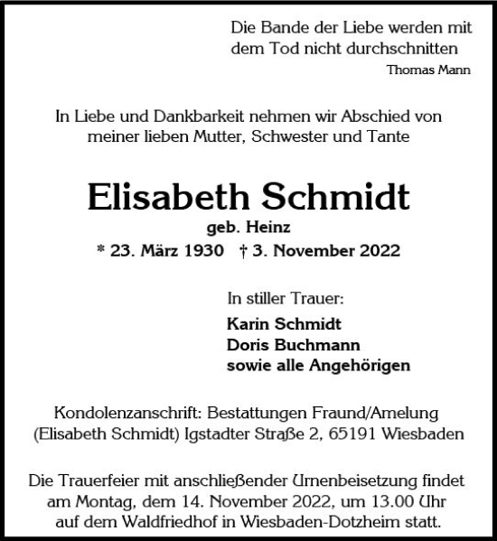 Traueranzeige von Elisabeth Schmidt von vrm-trauer Wiesbadener Kurier