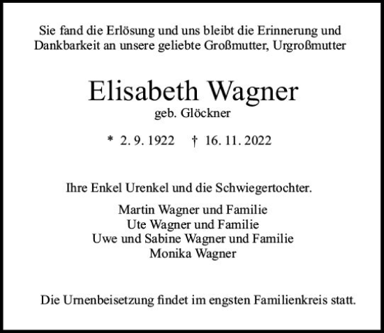 Traueranzeige von Elisabeth Wagner von vrm-trauer Darmstädter Echo