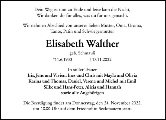 Traueranzeige von Elisabeth Walther von vrm-trauer Odenwälder Echo