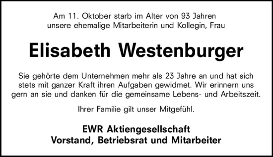 Traueranzeige von Elisabeth Westenburger von vrm-trauer Wormser Zeitung