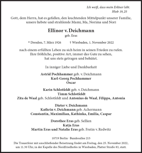 Traueranzeige von Ellinor v. Deichmann von vrm-trauer Wiesbadener Kurier