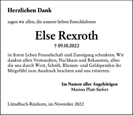 Traueranzeige von Else Rexroth von vrm-trauer Odenwälder Echo