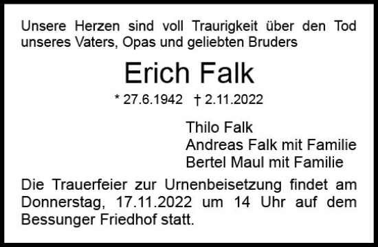 Traueranzeige von Erich Falk von vrm-trauer Darmstädter Echo