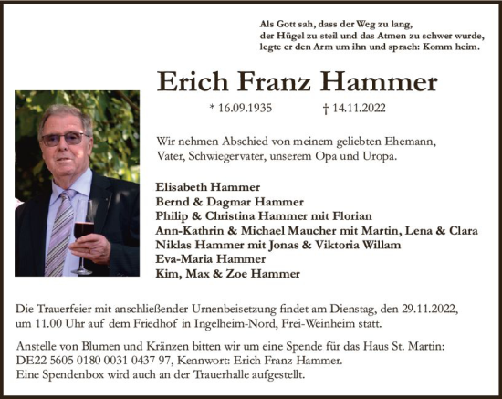Traueranzeige von Erich Franz Hammer von vrm-trauer Allgemeine  Zeitung Ingelheim-Bingen