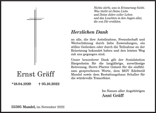 Traueranzeige von Ernst Gräff von vrm-trauer Allg. Zeitung Bad Kreuznach