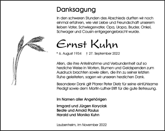Traueranzeige von Ernst Kuhn von vrm-trauer Allg. Zeitung Bad Kreuznach