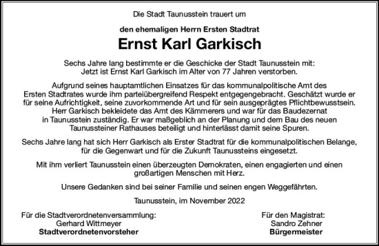 Traueranzeige von Ernst Karl Garkisch von vrm-trauer WK-UTA