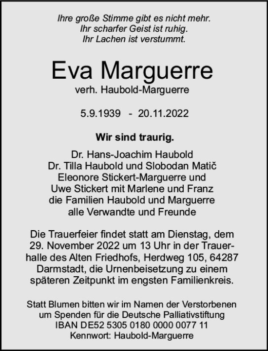 Traueranzeige von Eva Marguerre von vrm-trauer Darmstädter Echo