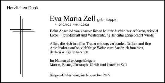 Traueranzeige von Eva Maria Zell von vrm-trauer Allgemeine  Zeitung Ingelheim-Bingen