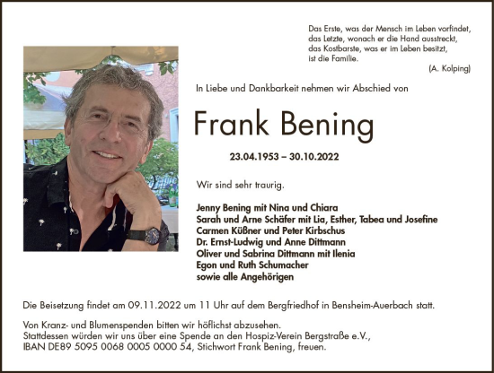 Traueranzeige von Frank Bening von vrm-trauer Bürstädter/Lamperth. Ztg/Starkenburger
