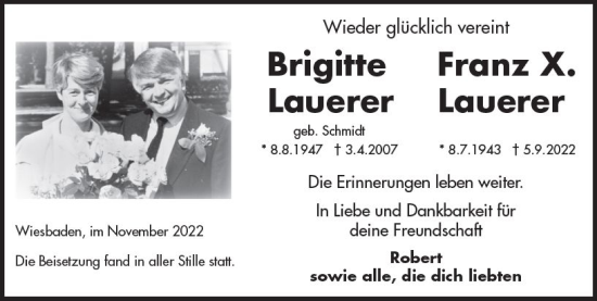 Traueranzeige von Franz X. Lauerer von vrm-trauer Wiesbadener Kurier