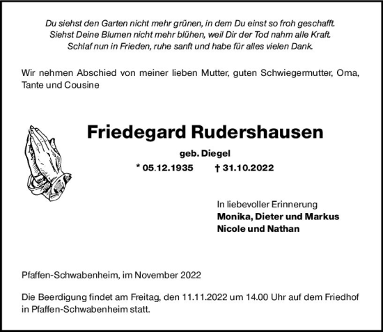 Traueranzeige von Friedegard Rudershausen von vrm-trauer Allg. Zeitung Bad Kreuznach