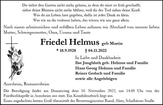 Traueranzeige von Friedel Helmus von vrm-trauer Allgemeine Zeitung Alzey