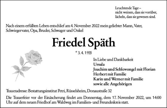 Traueranzeige von Friedel Späth von vrm-trauer Rüsselsheimer Echo / MainSpitze