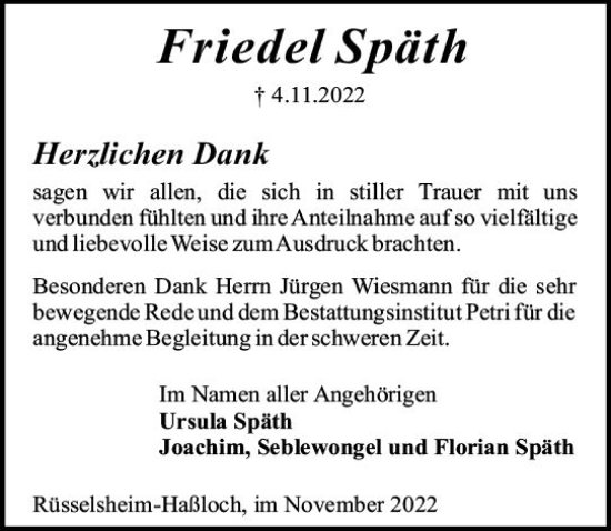 Traueranzeige von Friedel Späth von vrm-trauer Rüsselsheimer Echo / MainSpitze