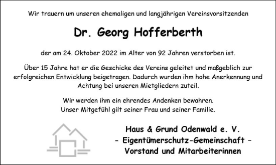 Traueranzeige von Georg Hofferberth von vrm-trauer Odenwälder Echo