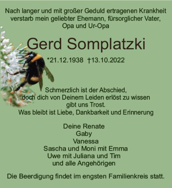 Traueranzeige von Gerd Somplatzki von vrm-trauer Bürstädter/Lamperth. Ztg/Starkenburger