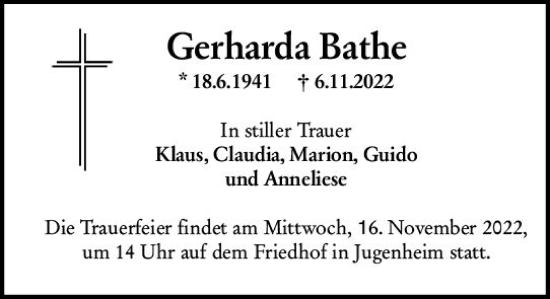 Traueranzeige von Gerharda Bathe von vrm-trauer Darmstädter Echo