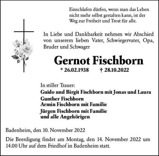 Traueranzeige von Gernot Fischborn von vrm-trauer Allg. Zeitung Bad Kreuznach
