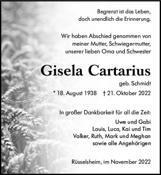 Traueranzeige von Gisela Cartarius von vrm-trauer Rüsselsheimer Echo / MainSpitze