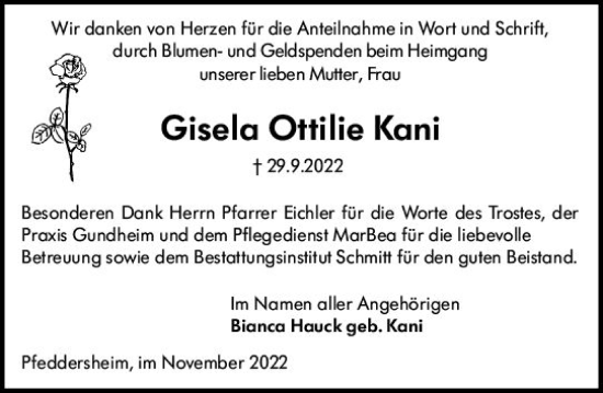 Traueranzeige von Gisela Ottilie Kani von vrm-trauer Wormser Zeitung