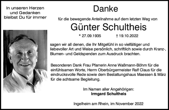 Traueranzeige von Günter Schultheis von vrm-trauer Allgemeine  Zeitung Ingelheim-Bingen