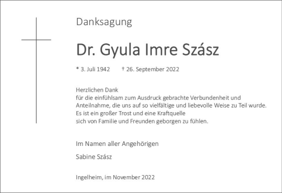 Traueranzeige von Gyula Imre Szász von vrm-trauer Allgemeine  Zeitung Ingelheim-Bingen