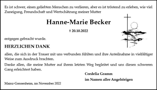 Traueranzeige von Hanne-Marie Becker von vrm-trauer AZ Mainz