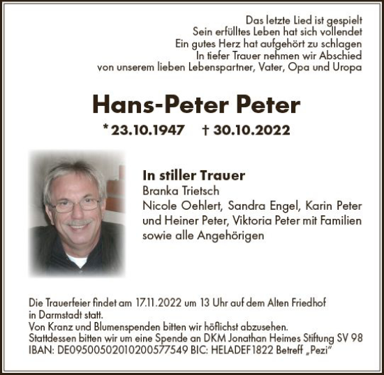 Traueranzeige von Hans-Peter Peter von vrm-trauer Darmstädter Echo