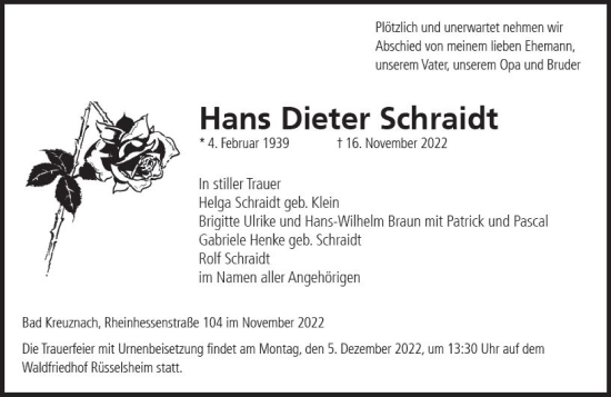 Traueranzeige von Hans Dieter Schraidt von vrm-trauer Rüsselsheimer Echo / MainSpitze