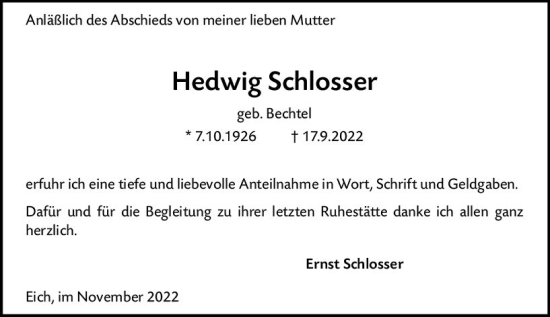 Traueranzeige von Hedwig Schlosser von vrm-trauer Wormser Zeitung