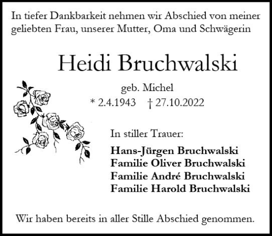 Traueranzeige von Heidi Bruchwalski von vrm-trauer Darmstädter Echo