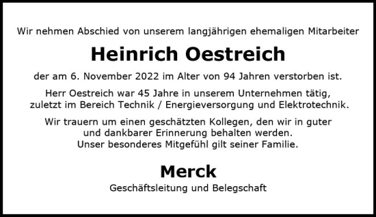 Traueranzeige von Heinrich Oestreich von vrm-trauer Darmstädter Echo