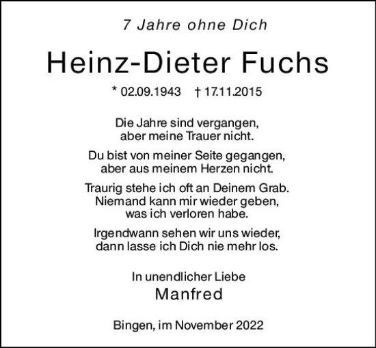 Traueranzeige von Heinz-Dieter Fuchs von vrm-trauer Allgemeine  Zeitung Ingelheim-Bingen