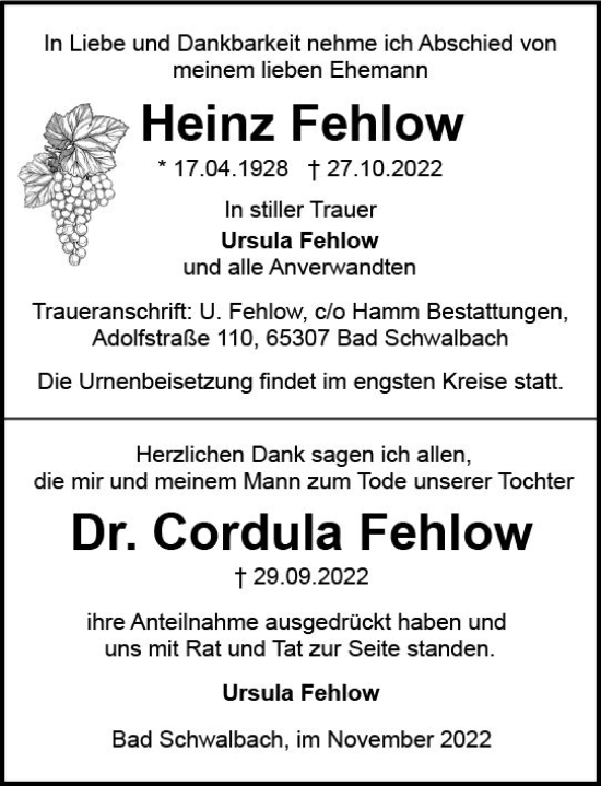 Traueranzeige von Heinz Fehlow von vrm-trauer Wiesbadener Kurier
