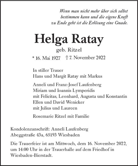Traueranzeige von Helga Ratay von vrm-trauer Wiesbadener Kurier