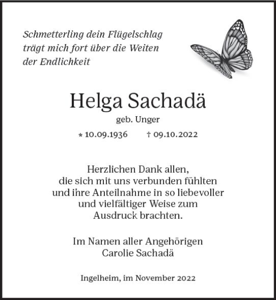 Traueranzeige von Helga Sachadä von vrm-trauer Allgemeine  Zeitung Ingelheim-Bingen