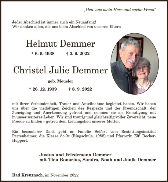 Traueranzeige von Helmut Demmer von vrm-trauer Allg. Zeitung Bad Kreuznach