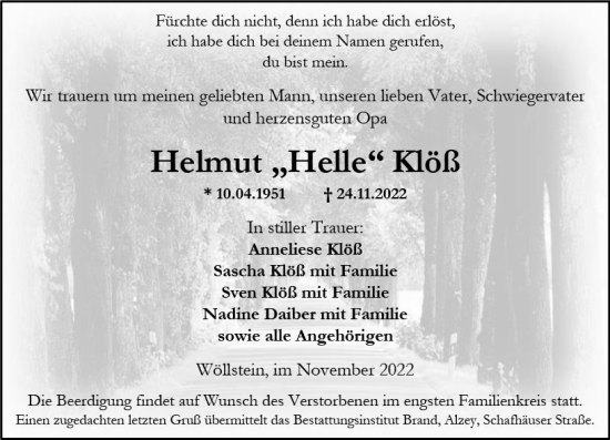 Traueranzeige von Helmut Klöß von vrm-trauer Allgemeine Zeitung Alzey