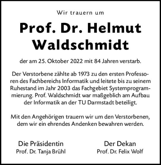 Traueranzeige von Helmut Waldschmidt von vrm-trauer Darmstädter Echo