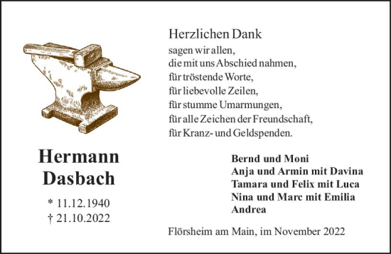 Traueranzeige von Hermann Dasbach von vrm-trauer Rüsselsheimer Echo / MainSpitze