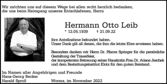 Traueranzeige von Hermann Otto Leib von vrm-trauer Wormser Zeitung